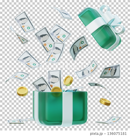 3D cartoon gift box popping with flying hundred dollar bills and golden coins 136075181