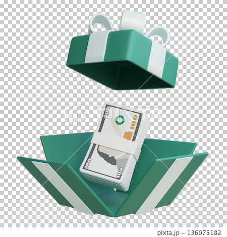 3D rendered cartoon gift box containing stacks of hundred dollar bills 136075182