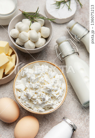 Healthy dairy products and fresh eggs on table 136075213