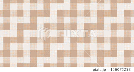 Beige gingham fabric seamless pattern. Cute check plaid. Picnic kitchen tablecloth texture. Gingham square vintage texture. Vector illustration isolated on white background 136075258