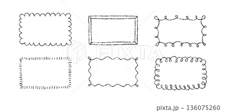 Crayon doodle scalloped frames. Chalk wavy hand drawn borders. Black cute rectangle photo frames with crayon texture. Wavy sketch line mirror borders. Vector illustration isolated on white background Crayon doodle scalloped frames. Chalk wavy hand drawn borders. Black cute rectangle photo frames with crayon texture. Wavy sketch line mirror borders. Vector illustration isolated on white background 136075260