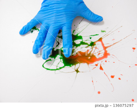 Gloved Hand On Diluted Spill Puddle, Translucent Liquid Spread, Absorption Test, Reflective Sheen, Controlled 136075297