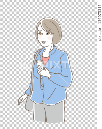 Senior woman waiting for someone with a smartphone, meeting, going out, reunion, travel, smiling, vector illustration Senior woman waiting for someone with a smartphone, meeting, going out, reunion, travel, smiling, vector illustration 136075315