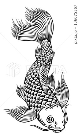 Koi Carp Fish Vintage Japanese Woodcut Style Art Koi Carp Fish Vintage Japanese Woodcut Style Art 136075367