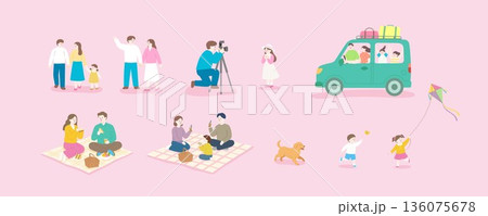 Spring Family Picnic and Camping Trip Illustration Set 136075678