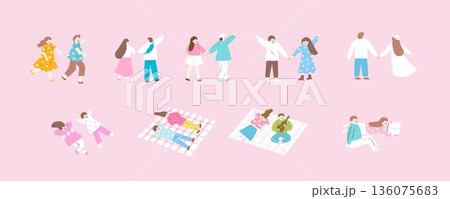 Spring Couple Date and Picnic Vector Illustration Set 136075683