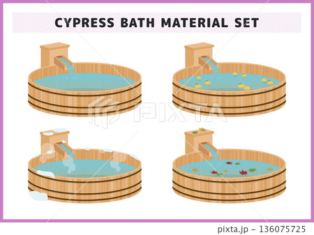 四季を彩る檜風呂（木製浴槽）のイラストセット ゆず湯 雪見風呂 紅葉が楽しめる温泉・銭湯素材 136075725