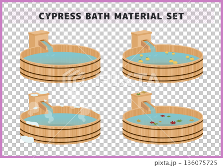 四季を彩る檜風呂（木製浴槽）のイラストセット ゆず湯 雪見風呂 紅葉が楽しめる温泉・銭湯素材 136075725