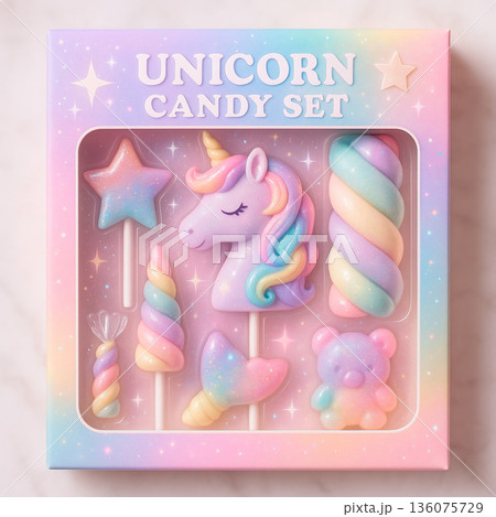 ゆめかわいいユニコーンとパステルカラーのキャンディセット ゆめかわいいユニコーンとパステルカラーのキャンディセット 136075729