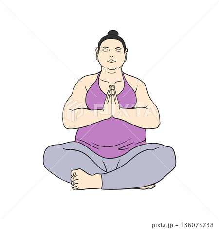 Fat woman in a yoga pose Fat woman in a yoga pose 136075738