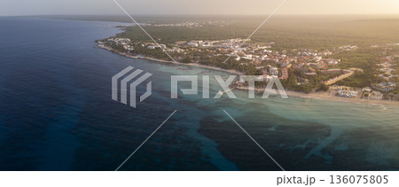 Panorama view of a sandy beach and Caribbean Sea background exclusive resort 136075805