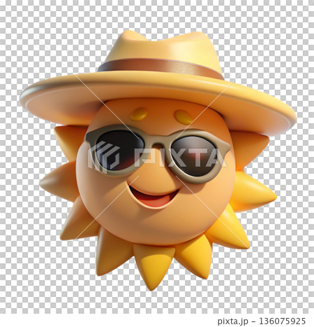 Cute 3D sun character wearing a straw hat and black sunglasses  White Background 136075925