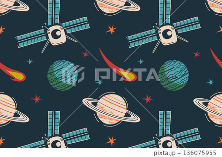 Vintage color space pattern on dark background with satellite, planets, comets and stars. Flat cartoon vector illustration with retro cosmic atmosphere, nostalgic night sky seamless background 136075955