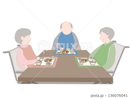介護用エプロンを着けて片麻痺の老人が食事をしているカラーイラスト 136076041