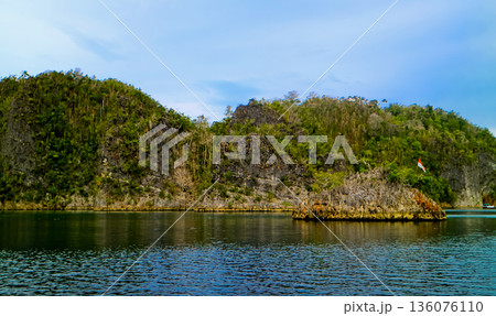beautiful view of island and sea with clear sky background, West Papua, Indonesia beautiful view of island and sea with clear sky background, West Papua, Indonesia 136076110