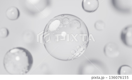 グレーの背景に複数の水滴。ジェル。背景素材。3D（横長） 136076155
