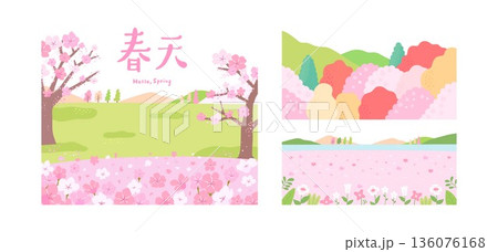 Spring cherry blossom landscape vector. Pink Korea sakura trees with mountain and lake background. Spring cherry blossom landscape vector. Pink Korea sakura trees with mountain and lake background. 136076168