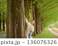 新緑のメタセコイヤ並木道を笑顔で散歩する女性 136076326