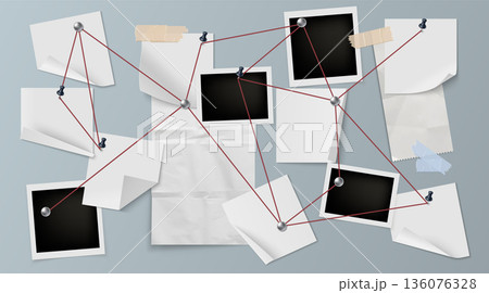 Detective investigation board with crime evidence 136076328