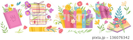 Book stack with flowers cartoon vector illustration Book stack with flowers cartoon vector illustration 136076342