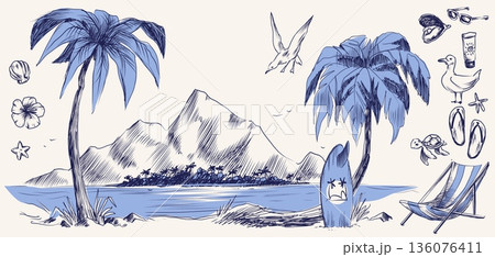 Vintage sketch beach illustration with palm trees Vintage sketch beach illustration with palm trees 136076411