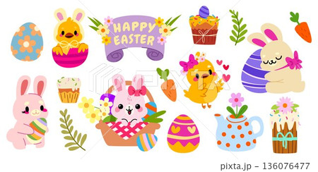 Easter bunny, chick and colored eggs elements Easter bunny, chick and colored eggs elements 136076477