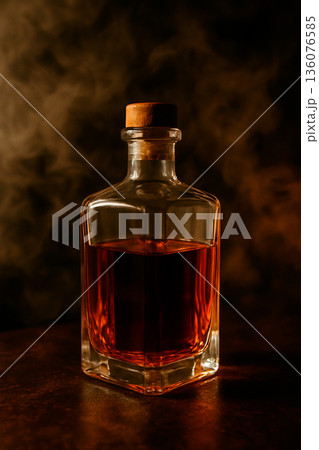 琥珀色のバーボンウイスキーが入ったデキャンタとスモーキーな背景 136076585