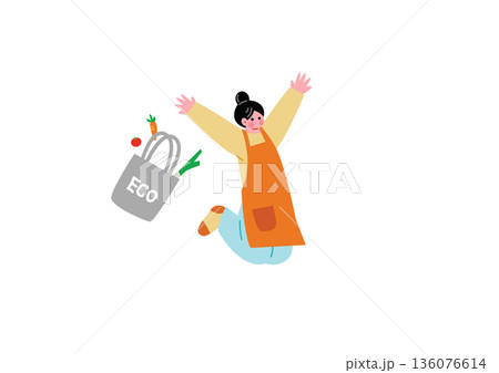 ジャンプして喜ぶ主婦のイラスト 136076614
