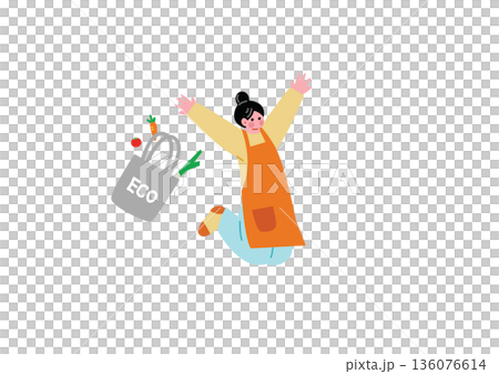 ジャンプして喜ぶ主婦のイラスト 136076614