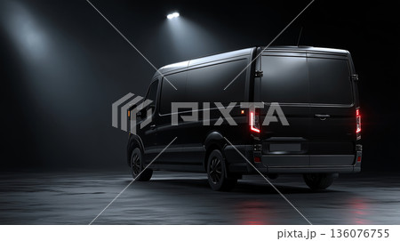 Creative mockup of a delivery van against a dark background with studio lighting 136076755