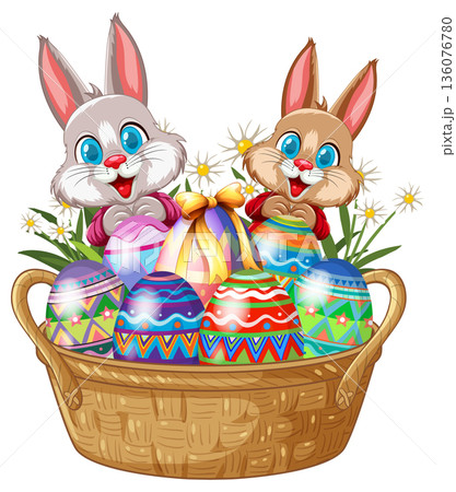 Two Cute Cartoon Bunnies Sitting in a Wicker Basket with Colorful Easter Eggs 136076780