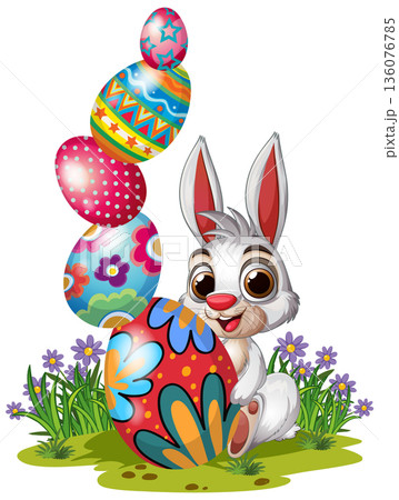 Cute Cartoon Easter Bunny Sitting Next to Stacked Colorful Painted Eggs Cute Cartoon Easter Bunny Sitting Next to Stacked Colorful Painted Eggs 136076785