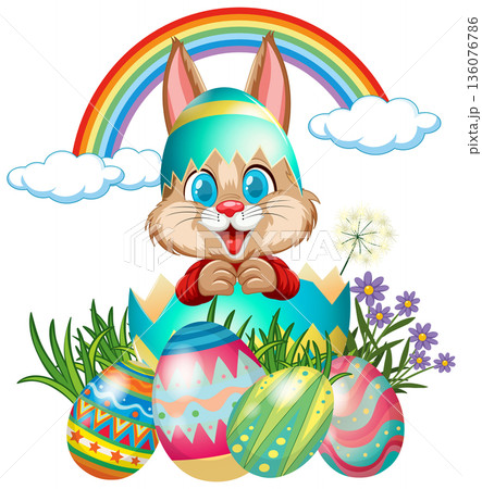 Cartoon Easter Bunny Popping Out of Egg with Rainbow and Flowers Cartoon Easter Bunny Popping Out of Egg with Rainbow and Flowers 136076786