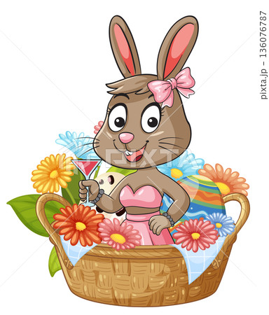Cartoon Easter Bunny Character Holding a Cocktail in a Flower Basket Cartoon Easter Bunny Character Holding a Cocktail in a Flower Basket 136076787