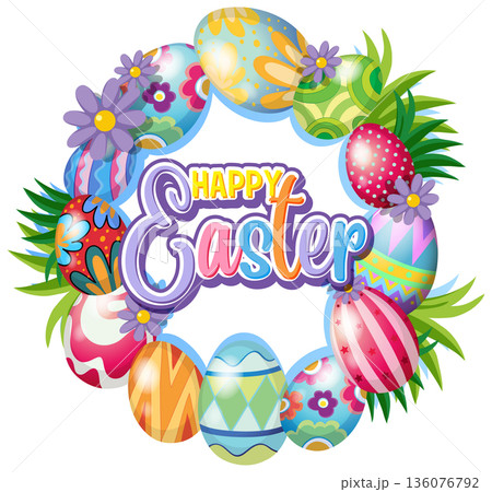 Colorful Happy Easter Wreath with Patterned Eggs and Spring Flowers 136076792
