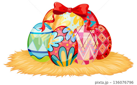 Colorful Patterned Easter Eggs in a Straw Nest with Red Bow Colorful Patterned Easter Eggs in a Straw Nest with Red Bow 136076796