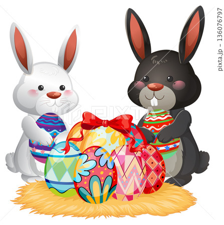 Two Cute Cartoon Bunnies Holding Colorful Decorated Easter Eggs Two Cute Cartoon Bunnies Holding Colorful Decorated Easter Eggs 136076797