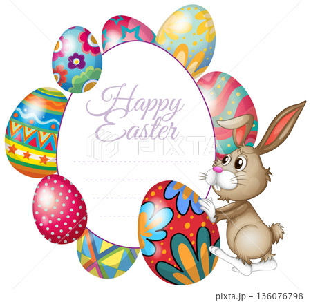 Happy Easter Greeting Card with Colorful Eggs and Cute Bunny Happy Easter Greeting Card with Colorful Eggs and Cute Bunny 136076798
