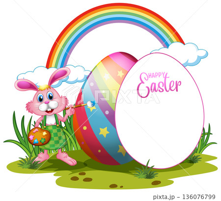 Cartoon Pink Bunny Painting Large Easter Eggs Under a Rainbow Cartoon Pink Bunny Painting Large Easter Eggs Under a Rainbow 136076799