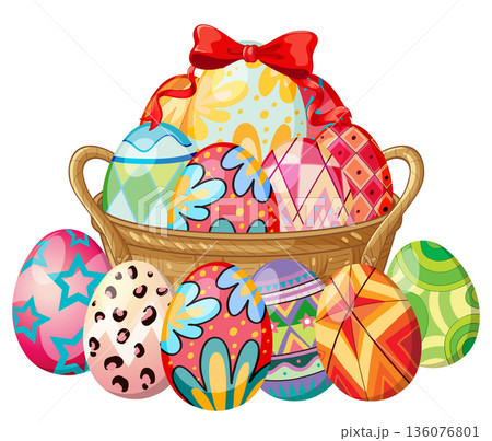 Colorful Patterned Easter Eggs in a Woven Wicker Basket with Red Bow 136076801