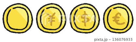 色々な通貨のお金、コインの手描きイラストセット 色々な通貨のお金、コインの手描きイラストセット 136076933
