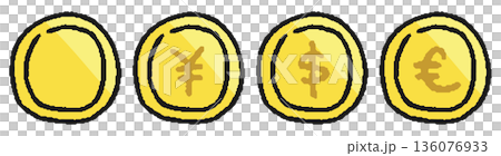 色々な通貨のお金、コインの手描きイラストセット 色々な通貨のお金、コインの手描きイラストセット 136076933