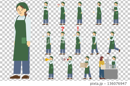 フラットイラスト:緑のエプロンを着たスーパー店員セット(表情あり) フラットイラスト:緑のエプロンを着たスーパー店員セット(表情あり) 136076947