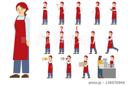 フラットイラスト:赤いエプロンを着たスーパー店員セット(表情あり) フラットイラスト:赤いエプロンを着たスーパー店員セット(表情あり) 136076948