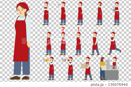 フラットイラスト:赤いエプロンを着たスーパー店員セット(表情あり) フラットイラスト:赤いエプロンを着たスーパー店員セット(表情あり) 136076948