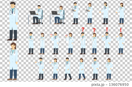 扁平化插畫：男女醫生組合（附臉部表情） 136076950