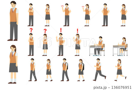 フラットイラスト：高校生セット(夏服)表情あり 136076951