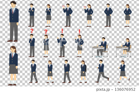 フラットイラスト：高校生セット(冬服)表情あり 136076952