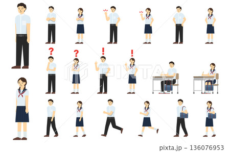 フラットイラスト:中学生セット(夏服)表情あり フラットイラスト:中学生セット(夏服)表情あり 136076953