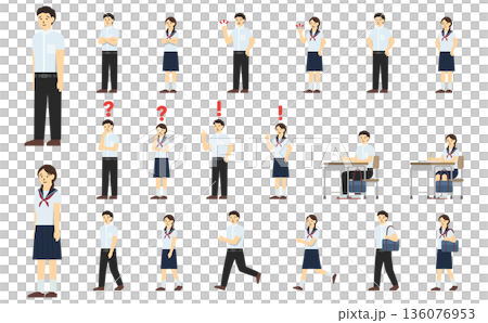 フラットイラスト:中学生セット(夏服)表情あり フラットイラスト:中学生セット(夏服)表情あり 136076953